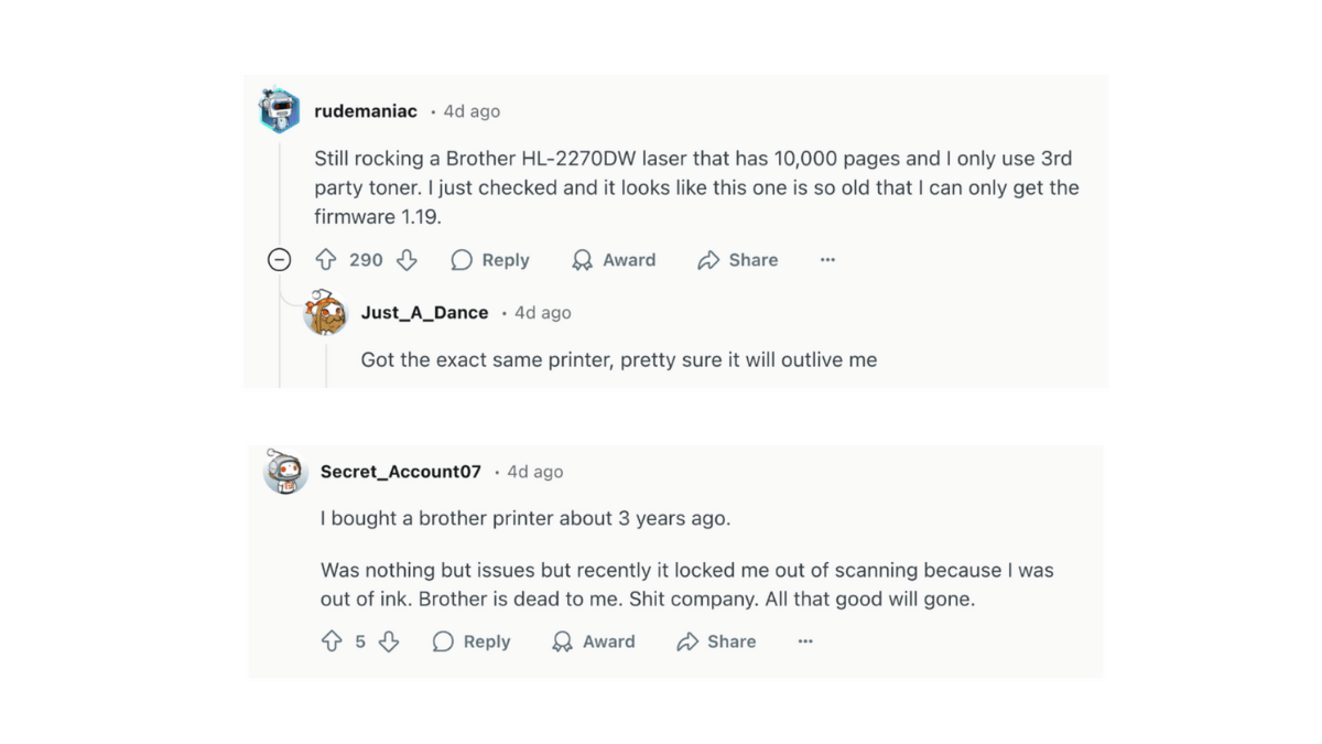 Reddit comment about Brother printer