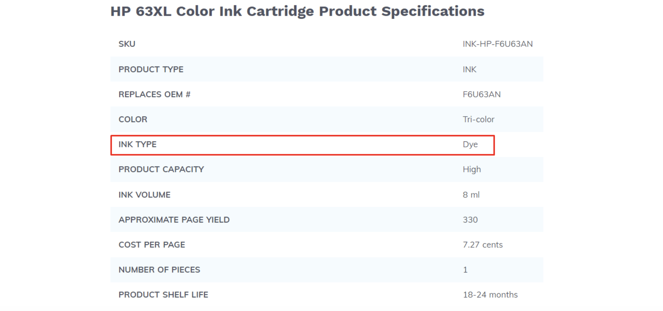 HP 63KL COLOR INK CARTRIDGE PRODUCT SPECIFICATIONS