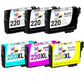 High Capacity Epson 220XL Ink Cartridges 6-Pack: 3 Black, 1 Cyan, 1 Magenta, 1 Yellow