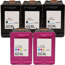 High Yield HP 60XL Ink Cartridge Combo Pack of 5: 3 Black, 2 Color