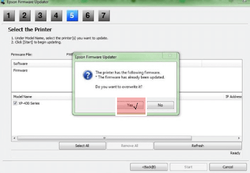 Epson firmware updater software - step 5 - overwrite